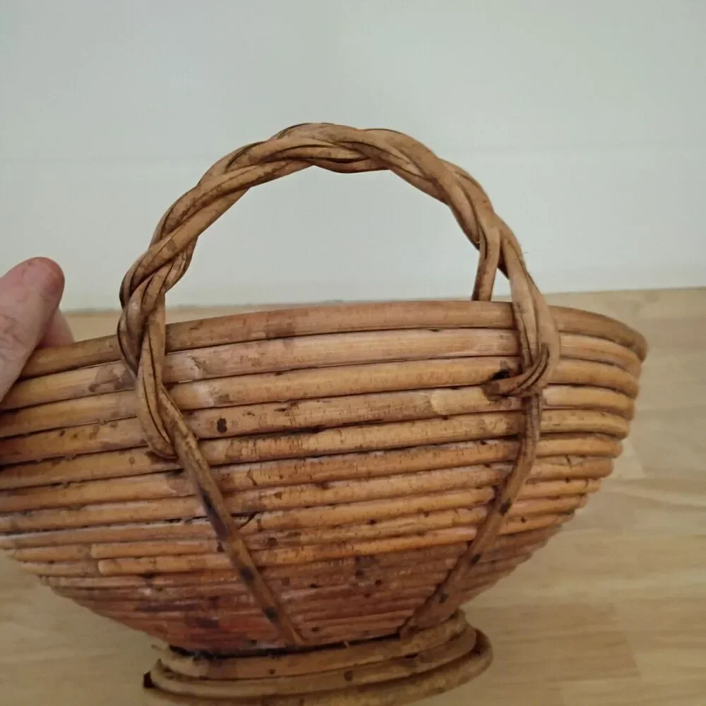 Mid-Century Footed Gabriella Crespi-style Large Pencil Reed Rattan Bowl 14 inch